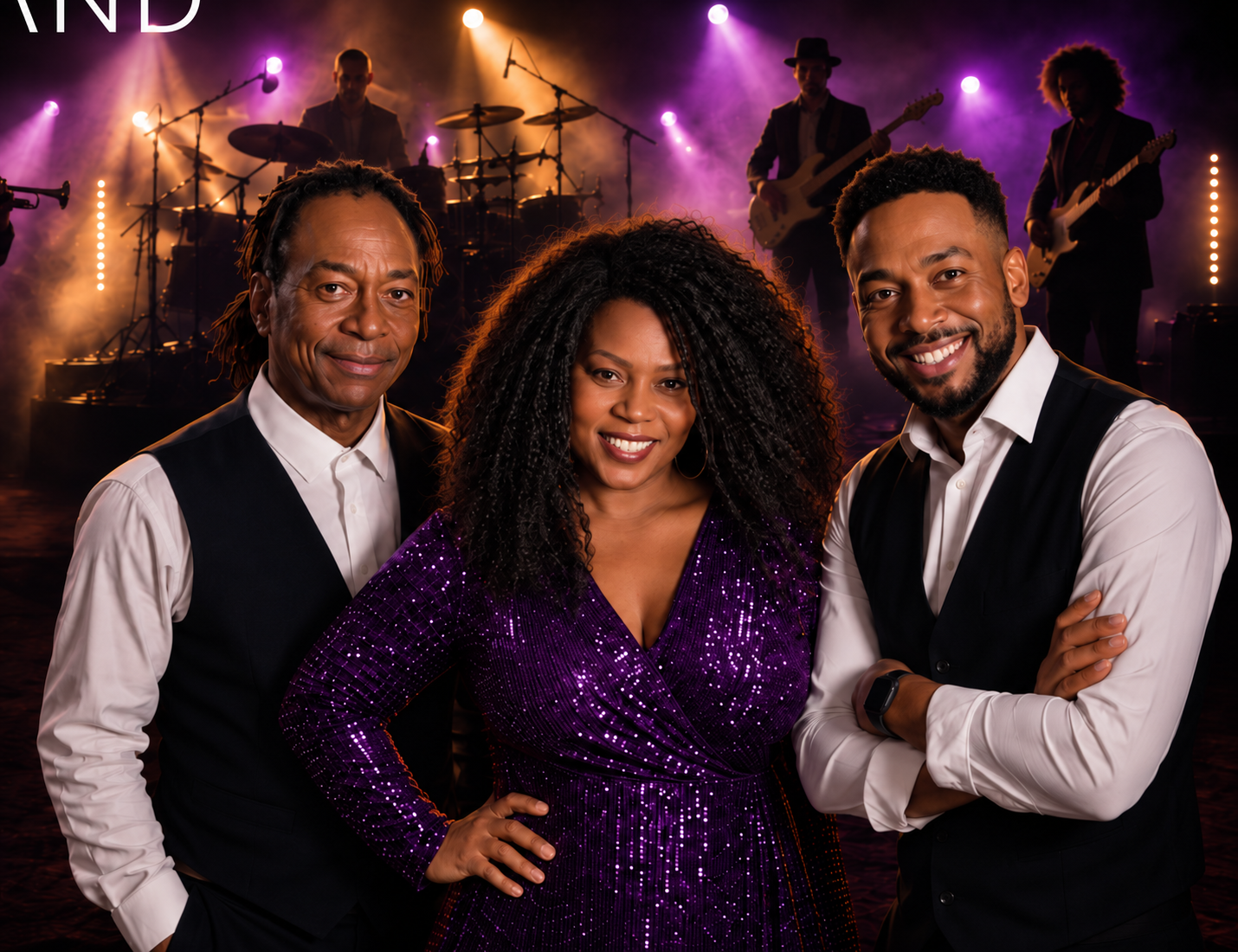 The Wonderband’s three singers in front of the live band, under purple and amber stage lights.